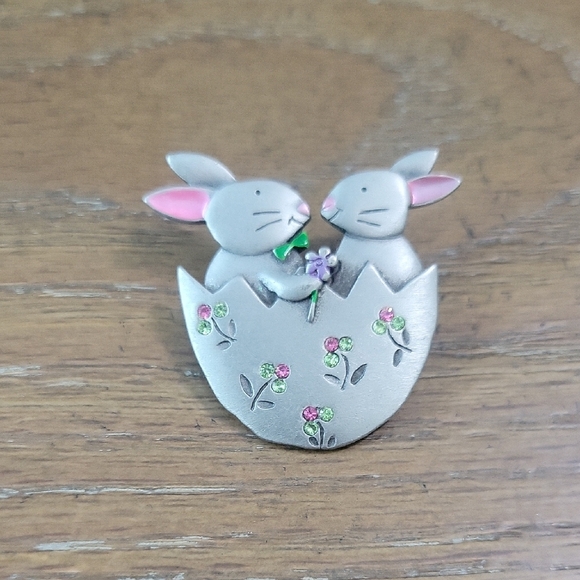 Silver tone Bunny in Egg Brooch with Pink and Green Accents - Picture 1 of 3